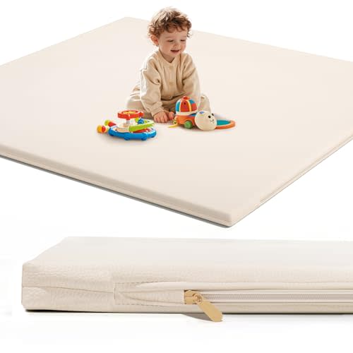 Padded Baby Play Mat for Floor: 48x48 Extra Thicker Soft Non Toxic Vegan Leather Infant Playmat for Babies Toddlers Kids Crawling Sit Play - Fits Nicely Into 47x47and 50x50 Playpen Any Playroom
