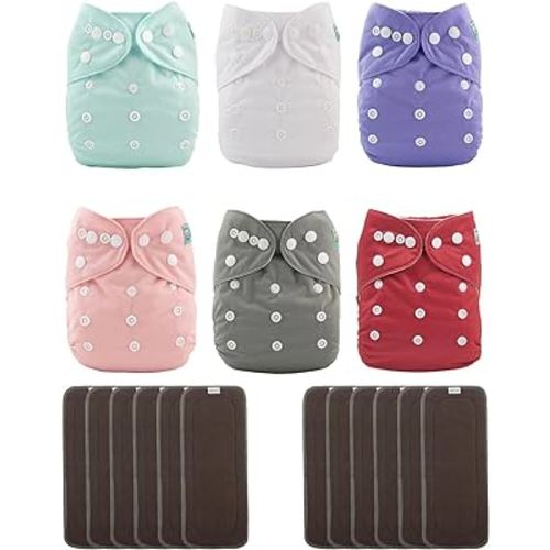 ALVABABY Baby Cloth Diaper 6 Pack with 12 Inserts One Size Cloth Diaper Covers Adjustable Washable Reusable for Baby Girls and Boys