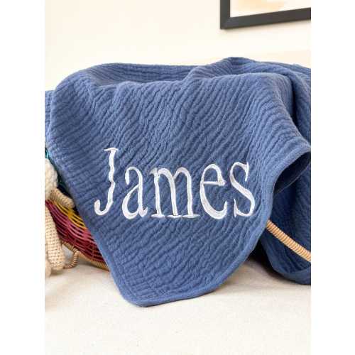 Organic Muslin Swaddle, 4 Layer, Wrinkle Gauze, Personalized Baby Blanket, Embroidered Baby Shower Gift for boy