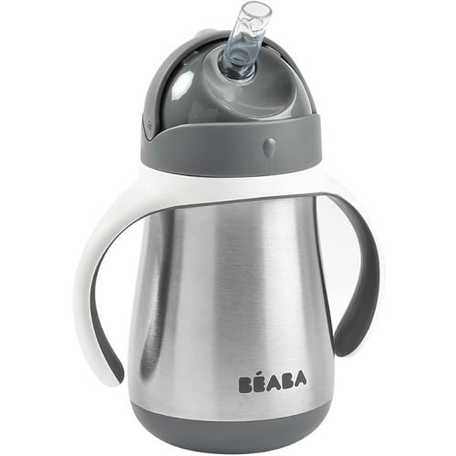 BEABA Stainless Steel Straw Sippy Cup, Insulated Toddler Cups Spill Proof with Removable Handles, Made with High Grade Stainless Steel, 8+ months, 8.5 oz, Charcoal