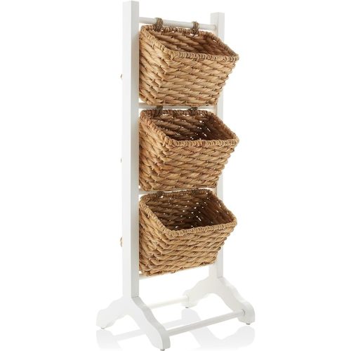 Casafield 3-Tier Floor Stand with Water Hyacinth Storage Baskets, White/Natural - Standing Organizer Rack for Bathroom, Kitchen, Laundry, Living Room