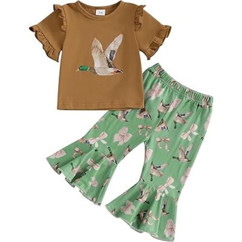 Toddler Baby Girl Hunting Clothes Mallard Duck Mama's Girl Letter T Shirt Bell Bottom Flare Pants 2Pcs Summer Outfits