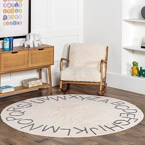 nuLOOM Kids Washable Round Alphabet Rug, 6' Round, Grey