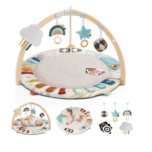 Blissful Diary Baby Play Gym & Activity Mat, 5 Developmental Zones Wooden Tummy Time Mat with 5 Detachable Sensory Toys for Motor Skills & Sensory Development, Baby Essentials Shower Gift