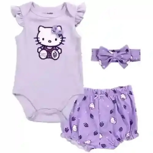 3 Pc Hello Kitty Gift Set Bodysuit Headband Shorts Pink Red White Glitter Size 9 Months