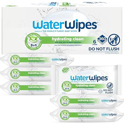 WaterWipes Hydrating Clean Baby Wipes, 99% Water-Based Formula with Aloe Vera to Hydrate & Clean Skin, Unscented & Hypoallergenic, 360 Count (6 Packs)