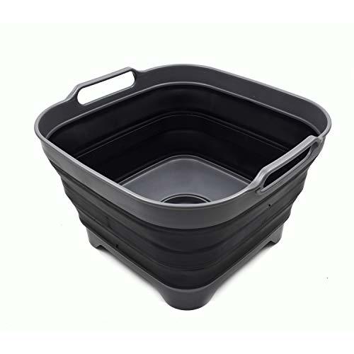SAMMART 10L (2.64 Gallon) Collapsible Dishpan with Draining Plug - Foldable Washing Basin - Portable Dish Washing Tub - Space Saving Kitchen Storage Tray (1, Grey/Black)