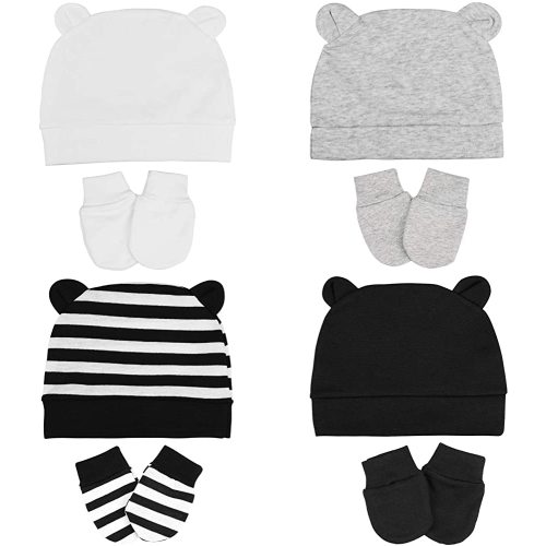 Dxhycc 4 Sets Newborn Baby Hats and Mittens, Baby Beanie Caps Hats and Scratch Mittens for Baby Boys Girls 0-3 Months