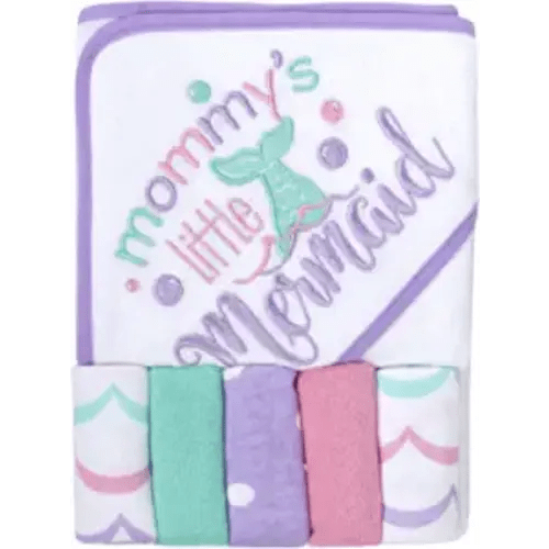 Baby Hooded Towel and Washcloth Set for Infants, Boys and Girls 6-12 Months (Mommy's Mermaid)