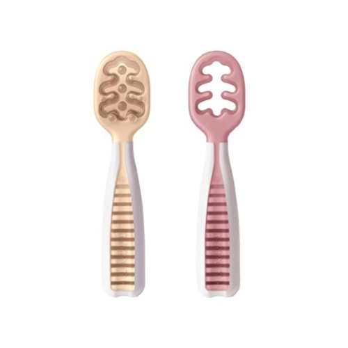NumNum Pre-Spoon GOOtensils | Baby Spoon Set (Stage 1 + Stage 2) | BPA Free Silicone Self Feeding Toddler Utensils | For Kids Ages 6 Months+, 2 Spoons, (Beige/Mauve)