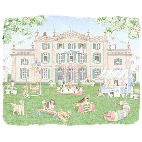 Nursery Art print french Chateau Dog Show // Whimsical Art // Puppy watercolor // Kids Playroom // Pink Nursery art // Grandmillennial