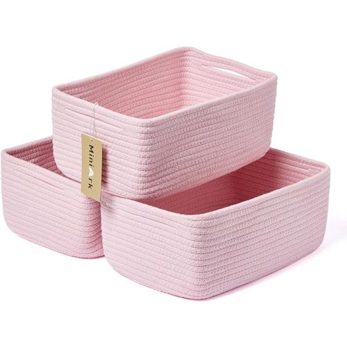 Small Storage Baskets for Organizing | Closet Organizer Bins | Shelf Toy Basket | Woven Rope Baskets | Cube Decorative Box | Shallow Basket | 13x8.5x5.1” | 3 Packs Pink