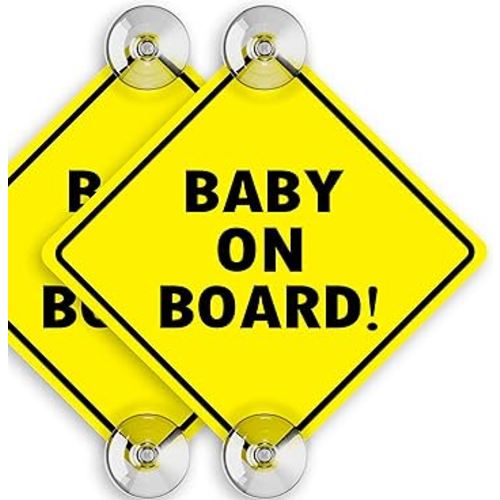 Baby On Board Sign with Suction Cups, 5" by 5" - Essential Safety Signs for Cars - Bright Yellow, Durable and Strong Suction