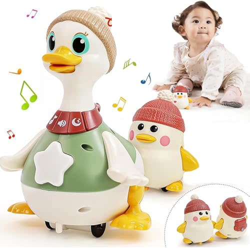 Tummy Time Duck Family, 3 Pack Swinging Ducks Tummy Time Duck Toys, Duck Family Toy, Walking Duck with Baby Ducks, Light Up Crawling Toys, Duck Family Baby Duck Toy for Toddlers 1-3 (Mom with 1 Baby)