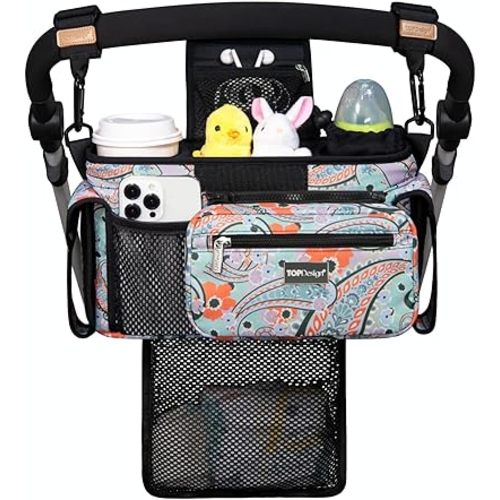 TOPDesign Universal Baby Stroller Organizer, Stroller Caddy with Detachable Mesh Bag & Heightened Insulated Cup Holders & Non-Slip Secure Hooks Accessories, Fits Most Strollers (Green Bandanna)