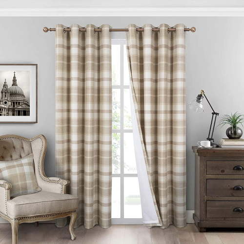 Bedroom Living Room Plaid Curtains 100% Blackout Heat Insulation Energy Saving Grommet Curtains Beige Plaid Curtains 26"W x 45"L (Pack of 2)