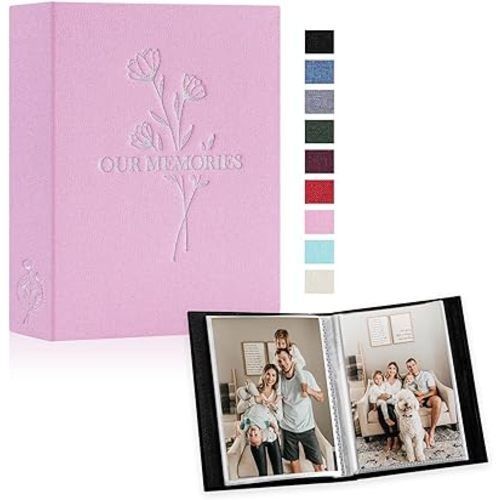 Lanpn Small Photo Albums 4x6 50 Pictures 2 Packs, Mini Capacity Linen OUR MEMORIES Photo Book Photobook Pockets Set, Each Pack holds 50 Vertical Pictures for Family Baby Kids Boy Girl Pink