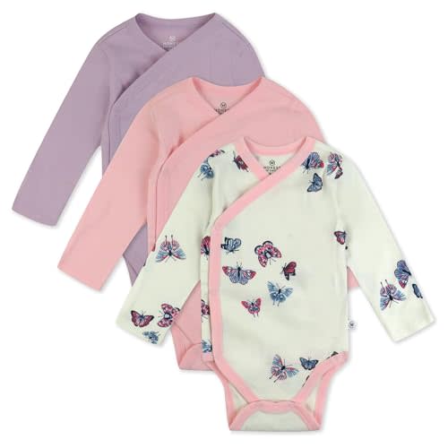 HonestBaby Baby 3-pack Long Sleeve Side-snap Kimono Bodysuits Organic Cotton for Infant Baby Boys, Girls, Unisex