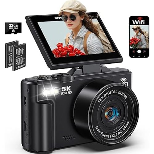 5K Digital Camera for Photography, 75MP WiFi Vlogging Camera for YouTube with 3" 180° Flip Screen, 18X Zoom UHD Autofocus Video Camara with 32GB SD Card, 2 Batteries