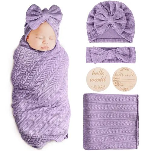 Newborn Receiving Blanket with Bow Hat Headband Wooden Card Set Wheat-Pattern Newborns Toddler Baby Boy Girl Nursery Swaddle Wrap