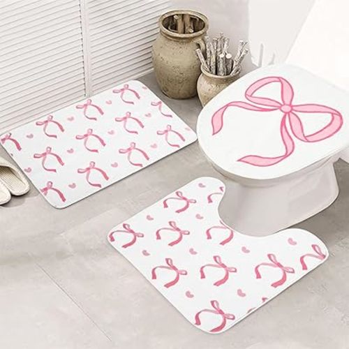 3Pcs Pink Bow Bathroom Mat Set Includes Cute Tufted U-Shaped Contour Toilet Rug Bathmat and Toilet Lid Cover for Luxury Bathroom Decoration
