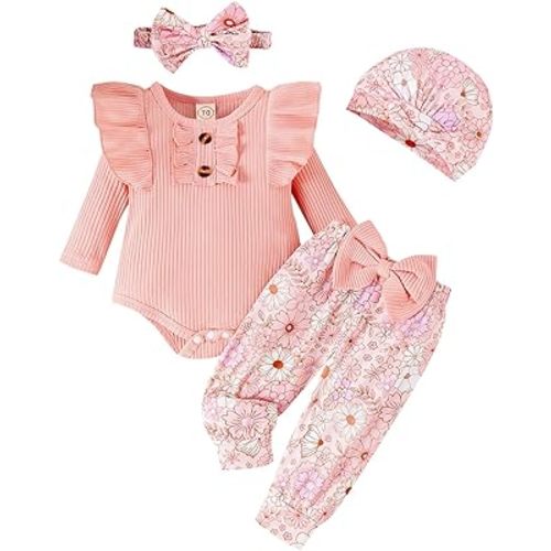Baby Girl Clothes Infant Newborn Outfits Romper Pants Cute Bow Headband Hat Sets for Baby Girls (0-3-6-12-18 Months)