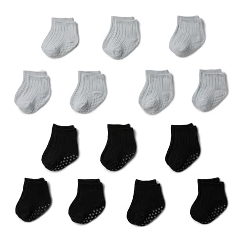Amazon Essentials Unisex Babies' Non Slip Grip Ribbed Ankle Socks, 14 Pairs