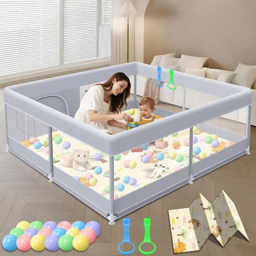 Baby Playpen with Mat, 50x50 Inch Play Pen, Playpen for Babies and Toddlers, Baby Playard for Indoor & Outdoor Active Center Game Fence, with Skin-Friendly Fabric and Soft Breathable Mesh