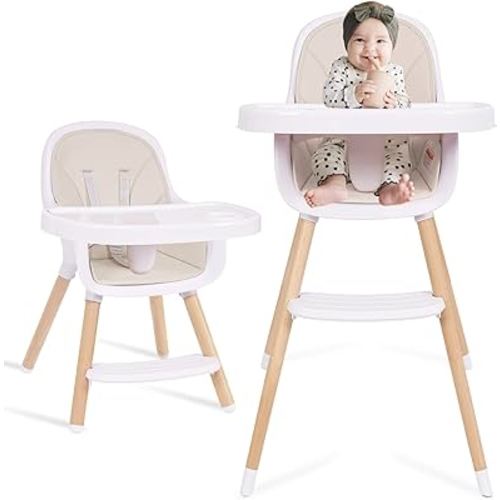 Baby High Chair, 3-in-1 Convertible Wooden High Chair with Adjustable Legs & Double Dishwasher Safe Tray, High Chairs for Babies and Toddlers, Made of Sleek Hardwood & Premium Leatherette