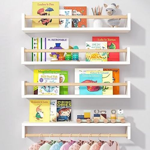 Fixwal Nursery Book Shelves, 23.6 Inch Floating Bookshelves for Wall Set of 4, Baby Nursery & Playroom Decor, Solid Wood Wall Mounted Shelves for Books and Toys Storage (White and Natural Wood)