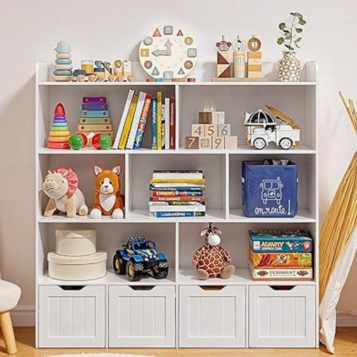 Gizoon Toy Storage Cabinet and Kids Bookcase with 4 Movable Drawers and 8 Open Shelves Toy Chest Shelf Organizer with Hidden Wheels for Playroom Nursery Kids Room, White