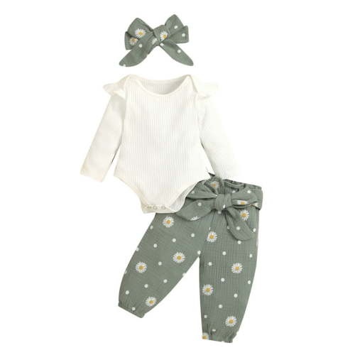 Bagilaanoe 3pcs Newborn Baby Girls Long Pants Set 6M 9M 12M 18M 24M Long Sleeve Ribbed Snap Romper Tops Floral Trousers with Belt Headband