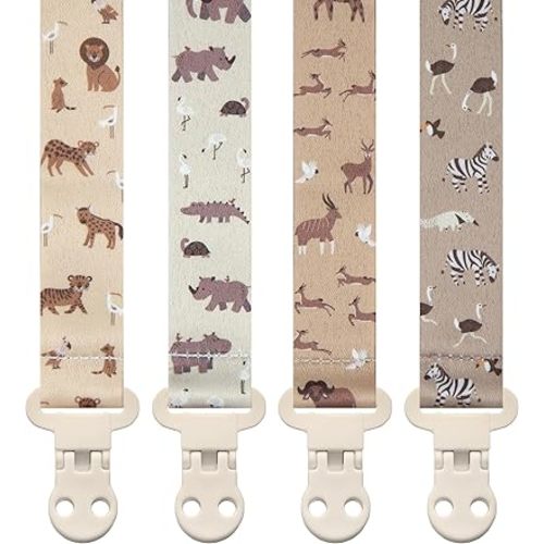 Baby Pacifier Clip Holder - Girl or Boy Unisex 4 Pack Gift Set – Boho Modern Neutral Animals Elephant Giraffe Zebra (Safari)