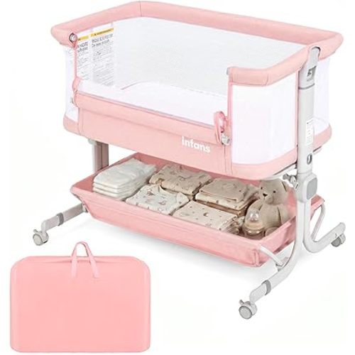 INFANS 3 in 1 Baby Bassinet, Bedside Sleeper with Comfy Mattress, Wheels, 6 Height Adjustable, Storage Basket, Travel Bag, Portable All Mesh Crib for Newborn Infant (Pink)