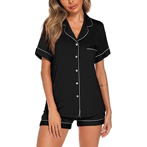 Aamikast Button Up Pajama Set for Women Shorts Short Sleeve Knit Sleepwear 2 Pice Pjs Sets