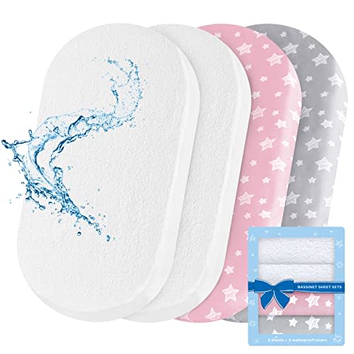 Bassinet Sheets & Waterproof Bassinet Mattress Pad Protector 4 Pack Set, Universal Fit for Oval, Hourglass and Rectangular Mattress, Grey & Pink