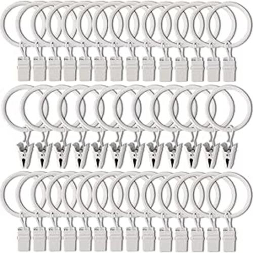 AMZSEVEN 40 Pack Curtain Rings with Clips, Drapery Clips with Rings, Drapes Rings 1.26 in Interior Diameter, Fits up to 1 in Curtain Rod, White - 1.26" I D 40 Pack