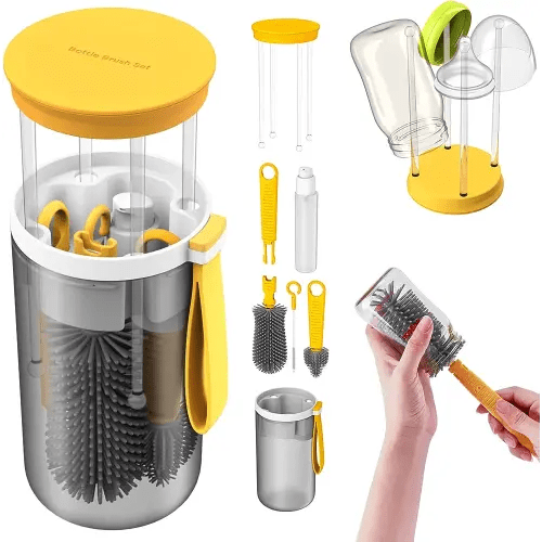 Baby Bottle Brush&Travel Baby Bottle Drying Rack-Portable Baby Bottle Cleaning Silicone Brush, Bottle Cleaner Brush Kit with Stand,New Mom Gifts for Women After Birth (Yellow)