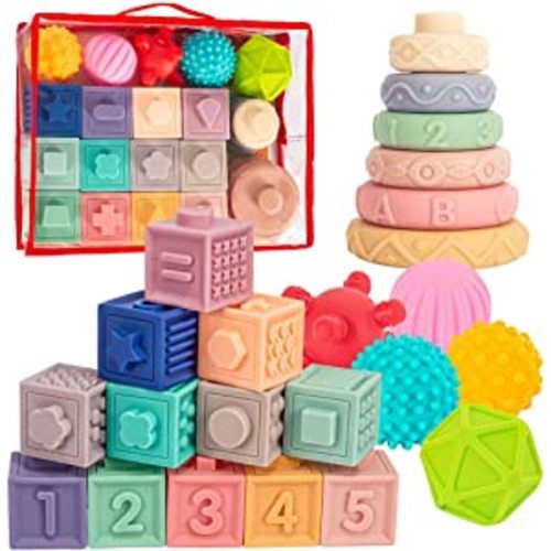 Springflower 3 in 1 Montessori Toys for Babies 0-3-6-12 Months, Soft Baby Teething Toys, Stacking Building Blocks for Infants, Sensory Developmental Education Toys for Toddler Baby 12-18 Months,23 PCS - 3 in 1 Baby toy