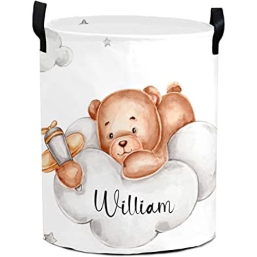 NZOOHY Teddy Bear with Airplane Personalized Waterproof Foldable Laundry Basket Bag Handle, Custom Collapsible Clothes Hamper Storage Bin for Toys Dorm Travel Bathroom