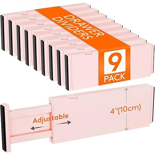 Lifewit 9 Pack Drawer Dividers 4" High, 11-17" Adjustable Drawer Organizers for Clothes, Expandable Dresser Separators in Bedroom/Bathroom/Kitchen/Fridge/Office Organization and Storage, Pink