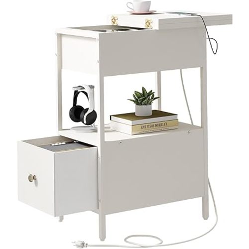 SOOWERY End Table with Charging Station, Narrow Side Table with Flip Top Cabinet and Fabric Drawer, Nightstand Bedside Tables for Small Spaces, Bedroom, Living Room, White