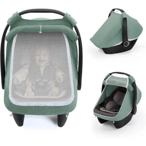 Blissful Diary Baby Car Seat Cover, Extra Large Mesh Window, Breathable Muslin Cotton, Infant Windproof Canopy, Must-Have Baby Gift - Roman Green