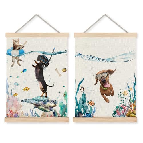 LUVADIAN Nursery Wall Decor - Funny Diving Dachshund Under the Sea Nursery Poster Hanger Frame Set of 2, Ocean Nursery Posters Wall Decor for Toddler Kids Boy Girl Room Playroom, 12x16 Inches