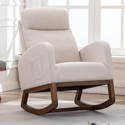 Mecedora para guardería, silla deslizante con respaldo alto y bolsillo lateral, sillón con marco de madera maciza con acolchado antideslizante para guardería, sala de estar, dormitorio (beige
