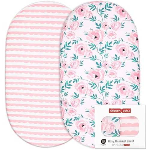 Gllquen Baby Bassinet Crib Sheets Set, Breathable Cozy Fitted Mattress Sheet, Elastic Travel Crib Fashionable Floral Pattern, Standard Cradle Safe Sheets for Baby Boy Girls 32"X16" (Pink Flower)