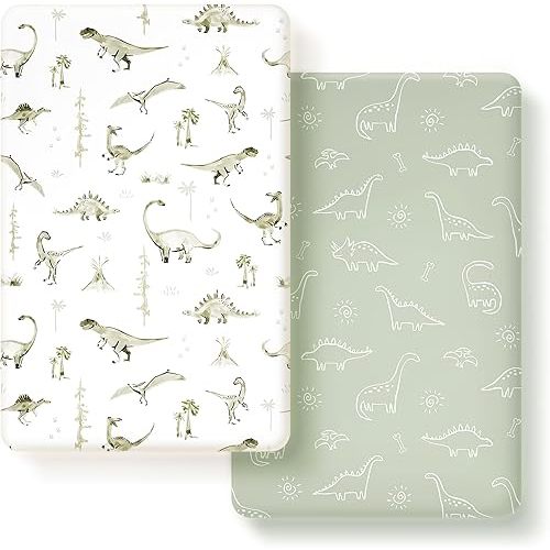 GRSSDER Pack n Play Sheets Fitted 2 Pack, Stretchy Ultra Soft Pack and Play Sheets, Universal Fitted Portable/Mini Crib Mattresses Snug and Safe, Jersey Crib Sheets for Boys, Dinosaurs