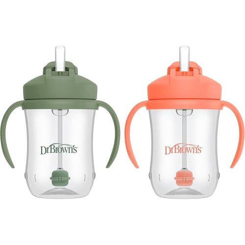 Dr. Brown's Milestones, Baby's First Straw Cup Sippy Cup with Straw, 6m+, 9oz/270ml, 2 Pack, Coral & Olive Green, BPA Free
