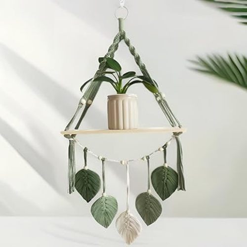 Boho Floating Shelves for Wall Decor with Macrame Leaf - No Drilling Wooden Wall Shelves, Natural Finish - Decorative Storage Shelf for Bedroom, Living Room (Green)