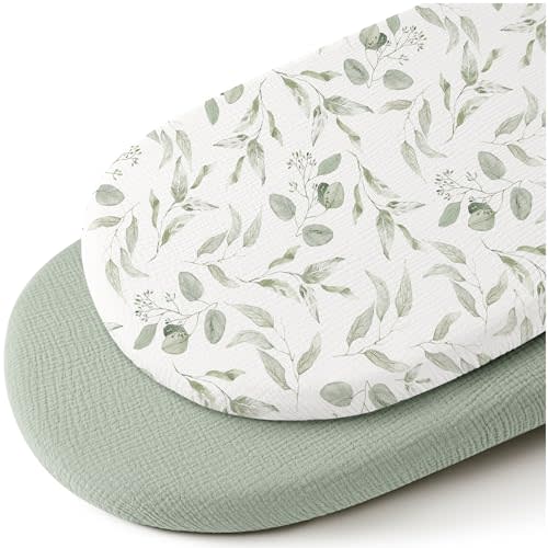 Konssy Muslin Bassinet Sheets for Baby Girl Boy, 2 Pack Soft Breathable Baby Bassinet Mattress Sheets Fit for Hourglass Oval Cradle, Moses Basket Rectangle Mattress (Green, Green Leaves)